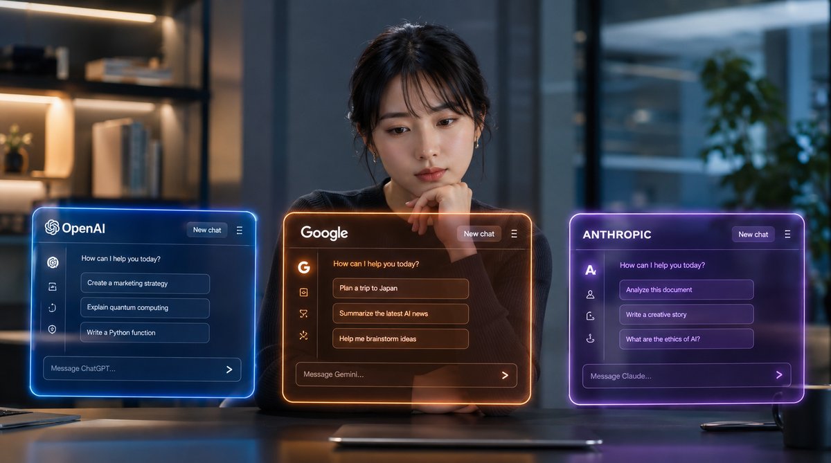 OpenAI・Google・Anthropicの3つのAIチャットインターフェースを比較する女性——ChatGPT・Gemini・Claude選び方のイメージ