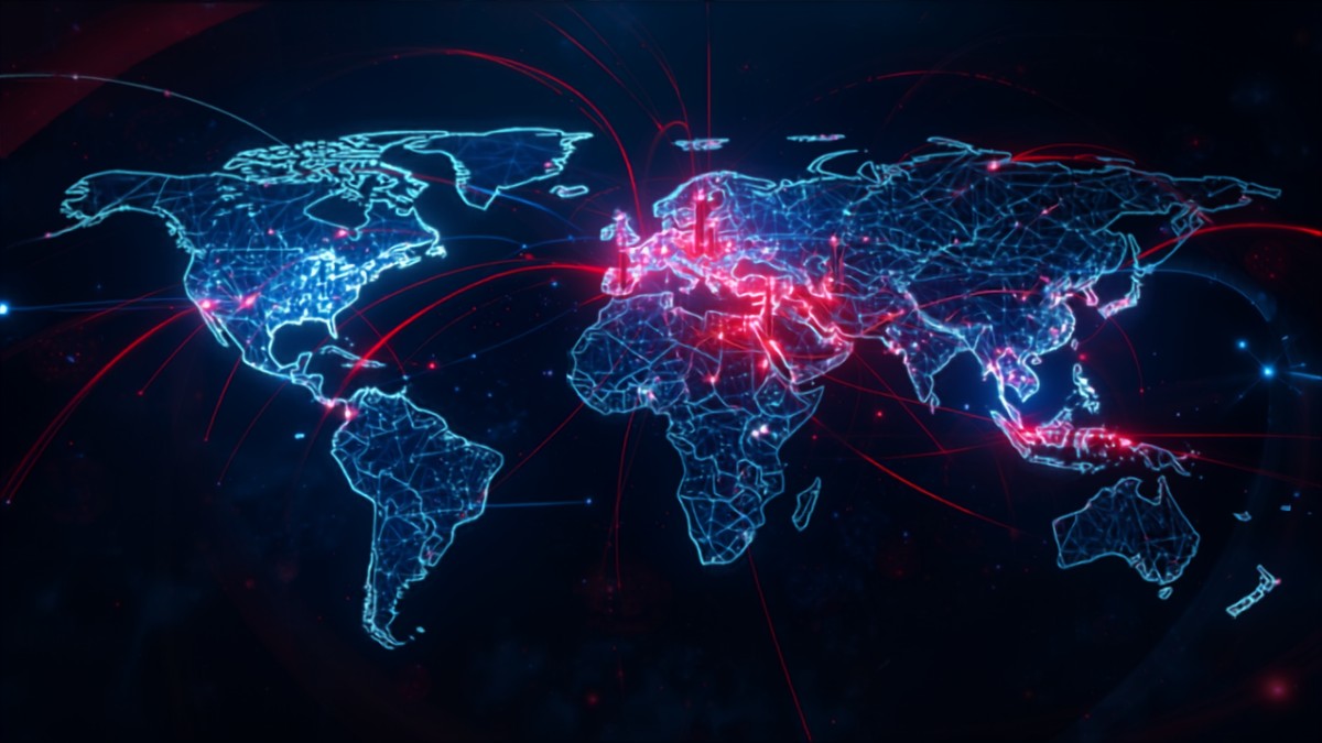 AIデータストリームが国境をまたいで管理・遮断される地政学的なビジュアル