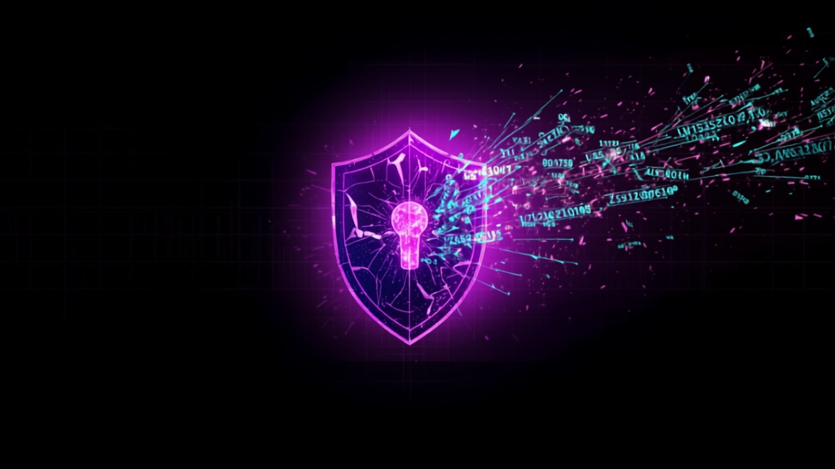 AIセキュリティバリアがハッキング手法によって突破されるサイバーパンクなイメージ