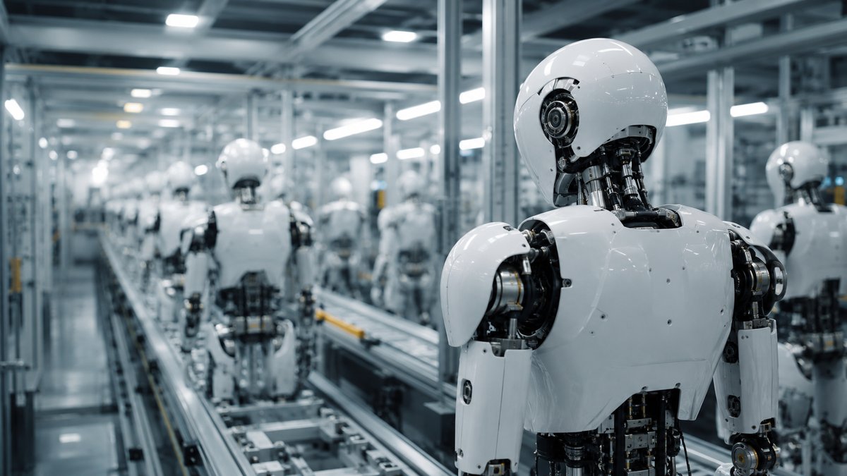 工場の製造ラインに並ぶヒューマノイドロボット