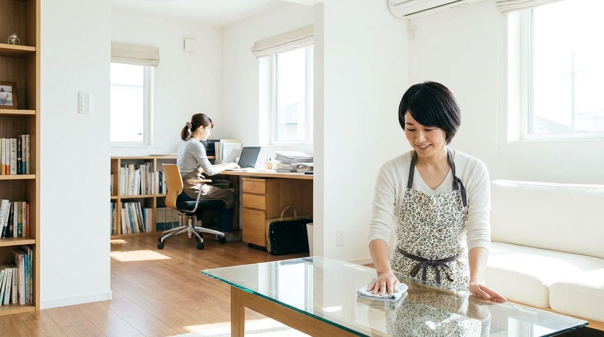 リビングでテーブルを拭く家事代行スタッフと、奥のホームオフィスで仕事に集中するフリーランスの分業シーン