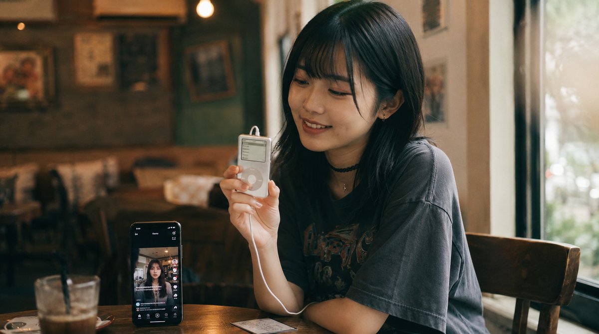 カフェでヴィンテージiPodを手に取りながらスマートフォンを見つめる若い女性——10年前のテクノロジーへのノスタルジアを表すイメージ