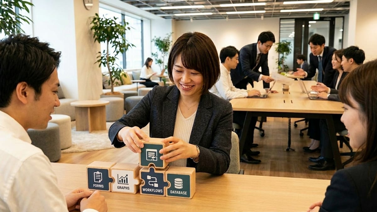 フォーム・グラフ・ワークフロー・データベースのブロックを同僚と一緒に組み立てる日本人ビジネスウーマン――現場主導でノーコード業務アプリを内製するチームのイメージ