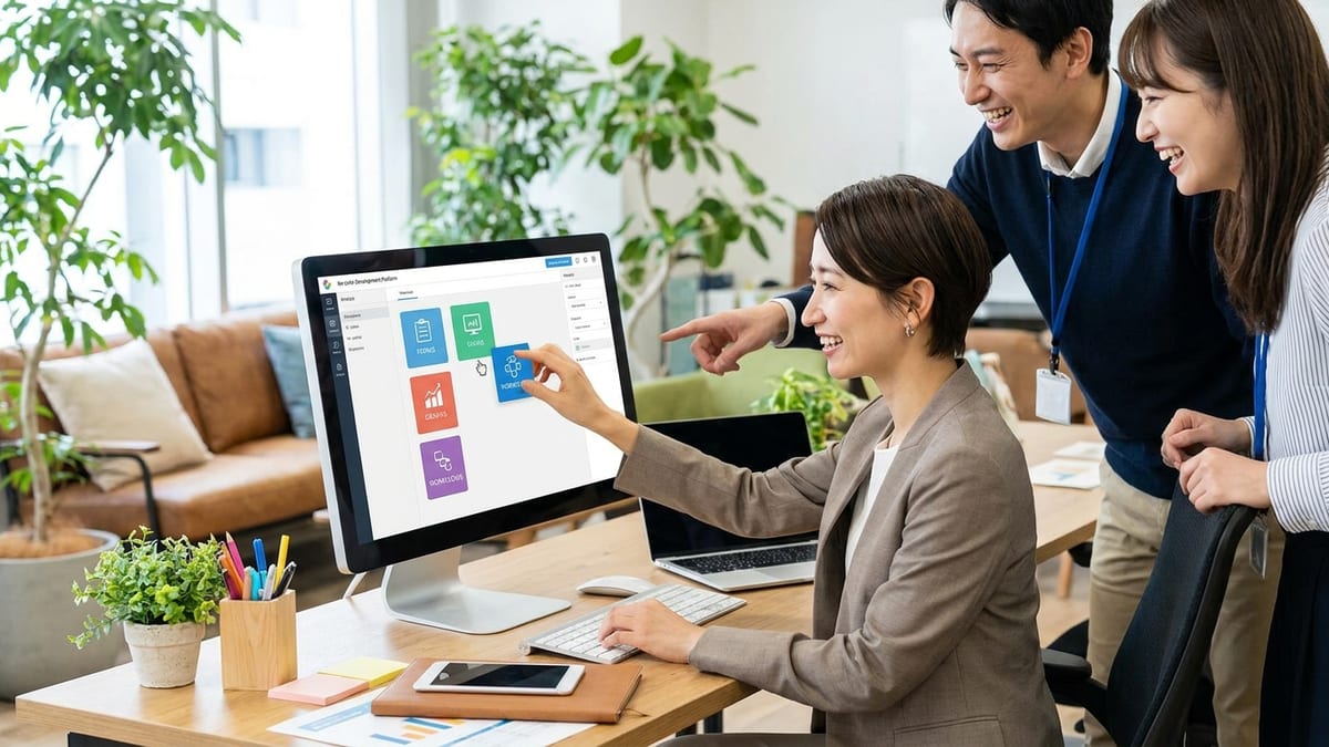 ノーコード業務アプリ開発プラットフォームを操作する日本人ビジネスウーマンと、後ろから画面を覗き込みアドバイスを送る同僚たち――事業会社内の現場主導開発のチーム風景