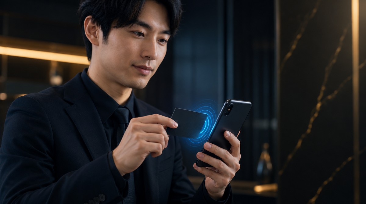 NFCスマート名刺をスマホにタッチするビジネスパーソンのイメージ